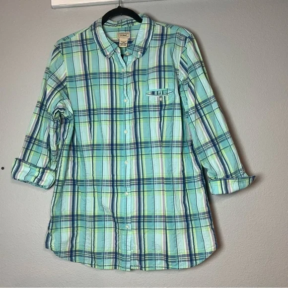 L.L. Bean Button Up Front Shirt Blouse Cotton Blue Green Plaid Size Large - Picture 3 of 9
